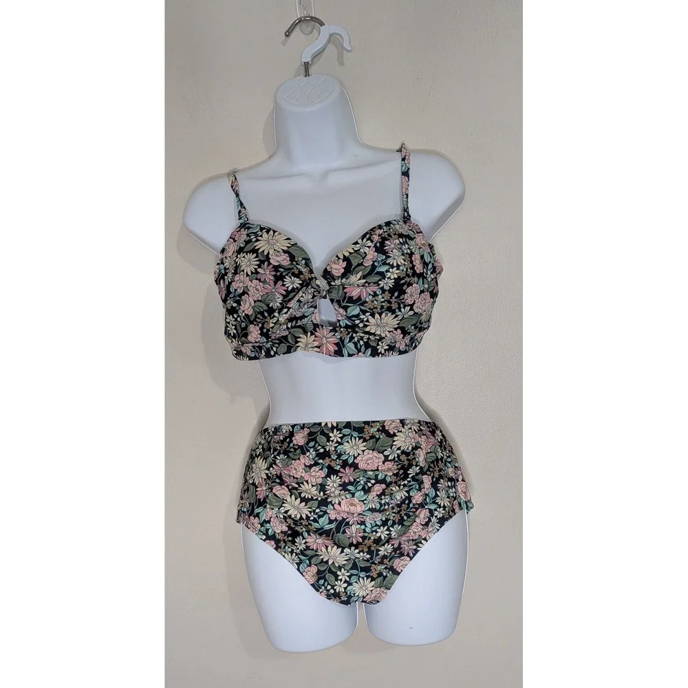 Kona Sol 2-Piece Size L High Waist Underwire Bikini Swimsuit Floral Retro Pin Up